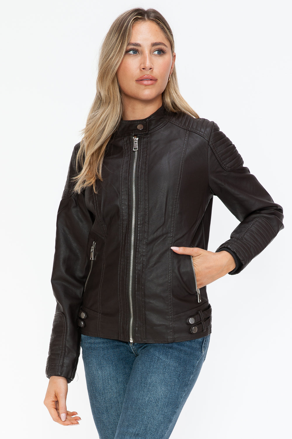 Snobbish Faux Leather Biker Jacket with Side Zip Pockets - Teresa's Fashionista LLC