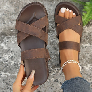 Crisscross PU Leather Flat Sandals-Teresa's Fashionista LLC
