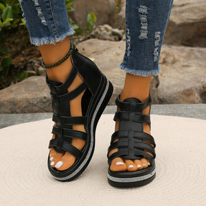 Cutout Rhinestone Trim Wedge Sandals-Teresa's Fashionista LLC