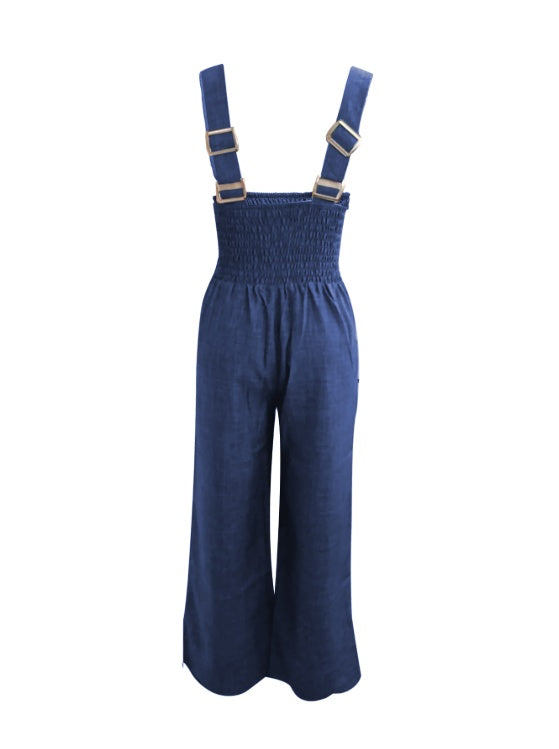 Women's Solid Color Versatile Fashion Casual Wide Leg Shoulder Strap Jumpsuit - Teresa's Fashionista LLC