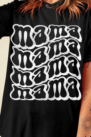 MAMA round neck short sleeve t-shirt with bold text design, basic style, black, polyester-cotton blend.