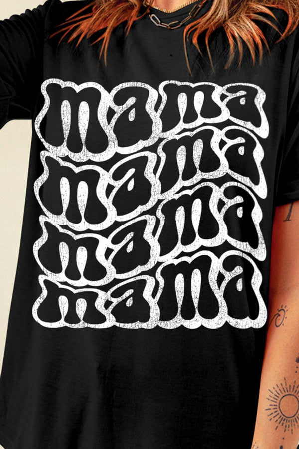 MAMA round neck short sleeve t-shirt with bold text design, basic style, black, polyester-cotton blend.