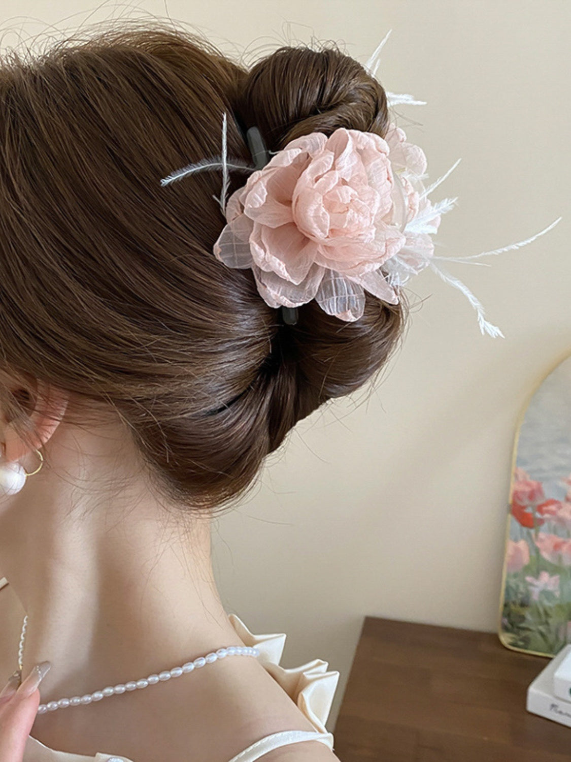Feather Trim Flower Shape Hair Claw Clip - Teresa's Fashionista LLC