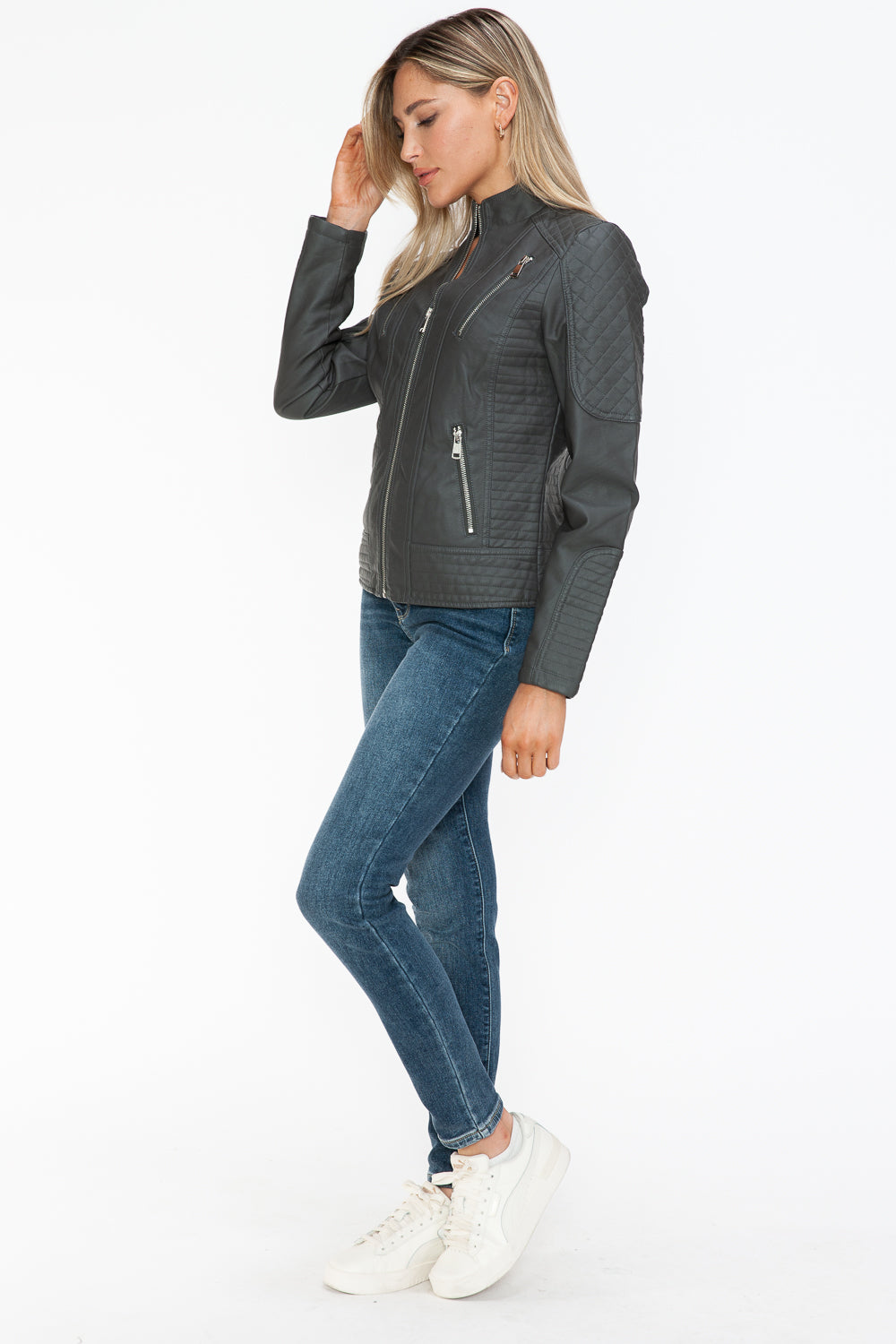 Snobbish Faux Leather Zip Up Mock Neck Jacket - Teresa's Fashionista LLC