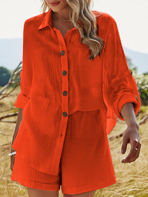 Texture Button Up Shirt and Shorts Set-Teresa's Fashionista LLC