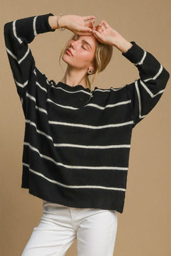 Umgee Wool Blend Striped Round Neck Sweater - Teresa's Fashionista LLC