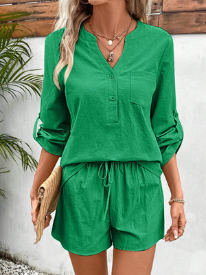 Notched Long Sleeve Top and Shorts Set-Teresa's Fashionista LLC