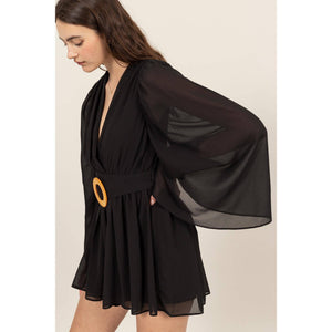 Plunging Neckline Bell Sleeve Romper