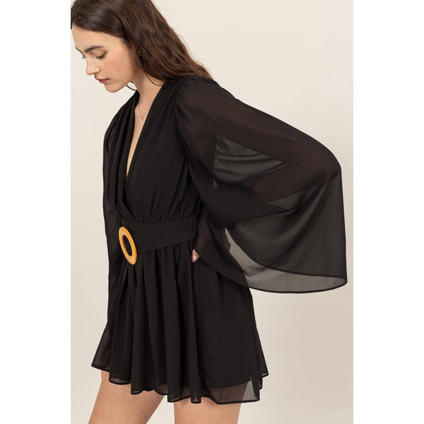Plunging Neckline Bell Sleeve Romper