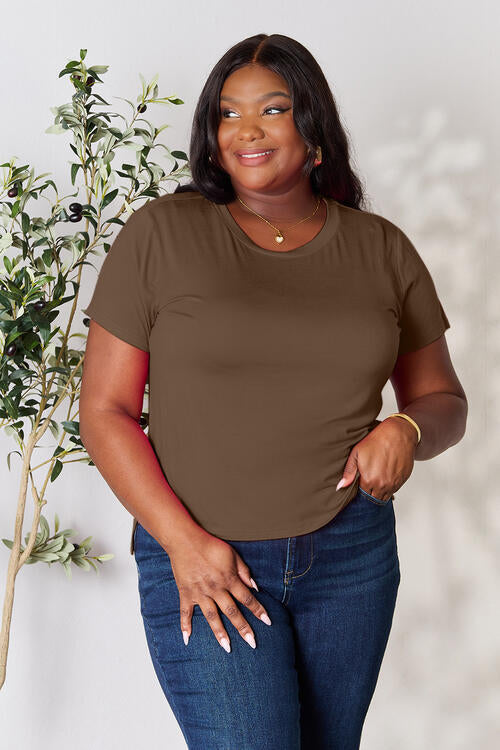 Basic Bae Full Size Round Neck T-Shirt, short sleeve, brown, plus size model, casual fit.