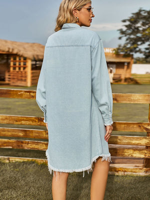Button Up Collared Neck Raw Hem Denim Dress-Teresa's Fashionista LLC