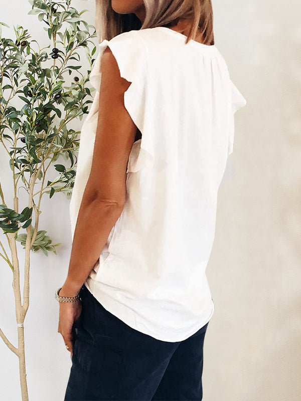 Ruffled Notched Cap Sleeve T-Shirt-Teresa's Fashionista LLC
