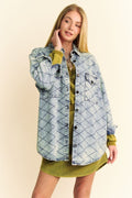 Davi & Dani Curved Hem Diamond Quilted Button Up Denim Shacket - Teresa's Fashionista LLC