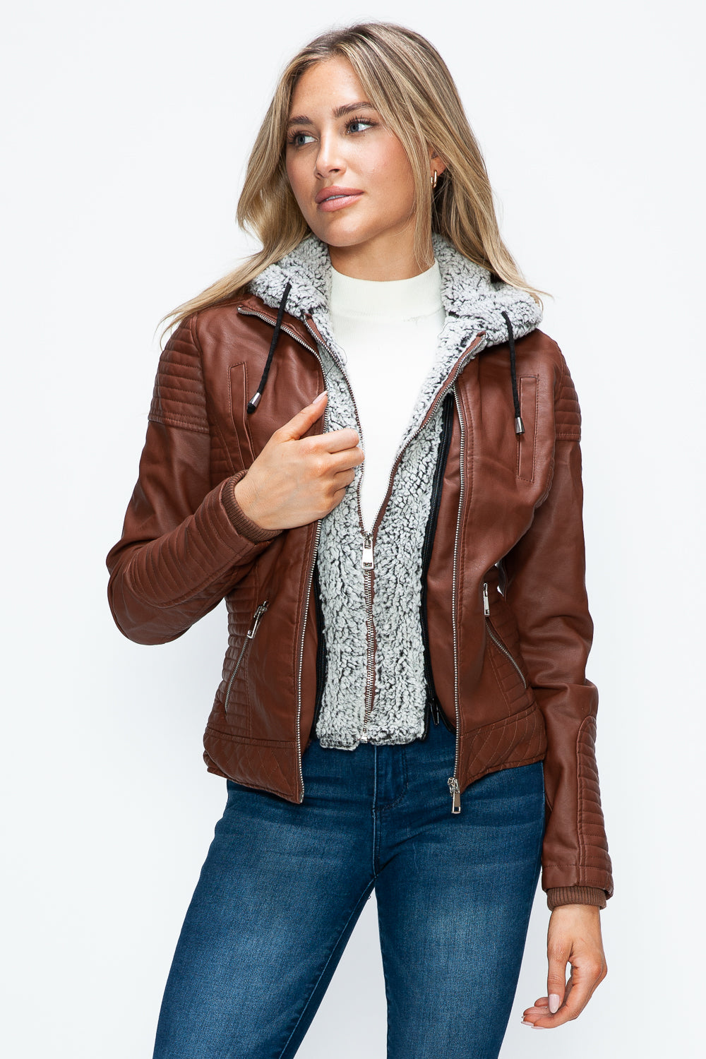 YMI Faux Layered Double-Zipper Jacket with Fuzzy Hood - Teresa's Fashionista LLC