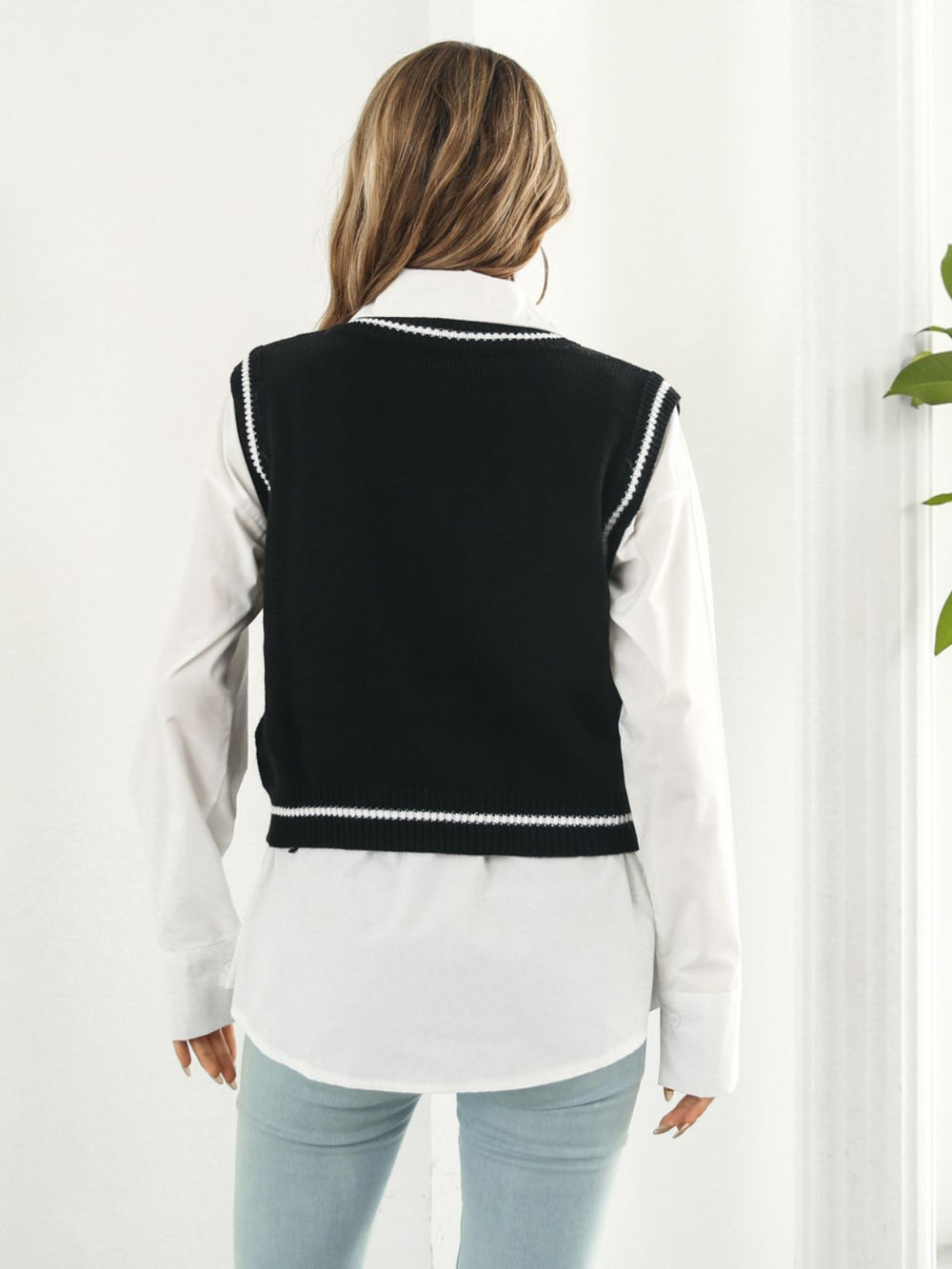 Skull Contrast V-Neck Sweater Vest - Teresa's Fashionista LLC