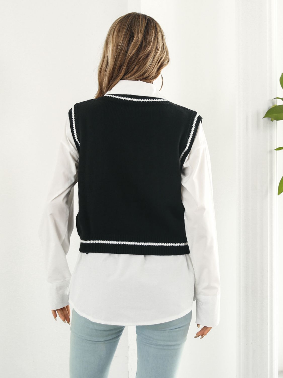 Skull Contrast V-Neck Sweater Vest - Teresa's Fashionista LLC