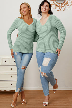 Basic Bae Full Size Ribbed V-Neck Long Sleeve T-Shirt-Teresa's Fashionista LLC