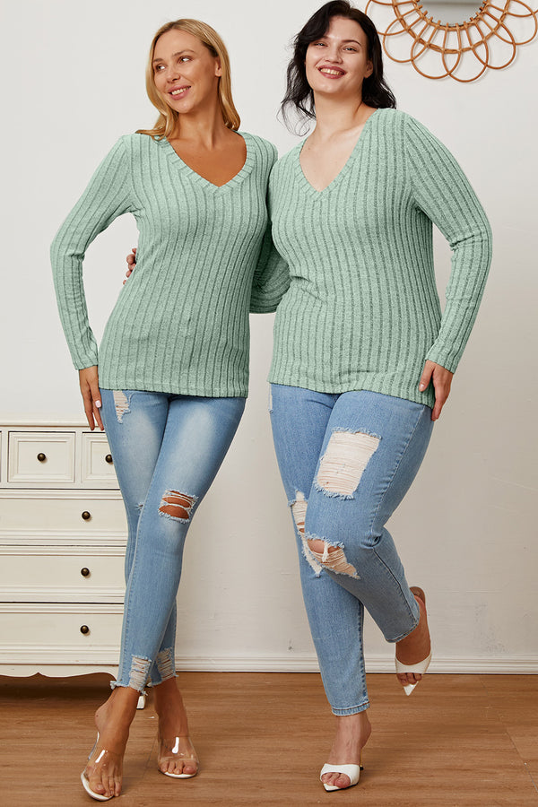Basic Bae Full Size Ribbed V-Neck Long Sleeve T-Shirt-Teresa's Fashionista LLC