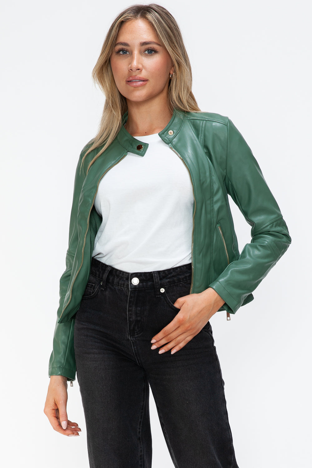 Snobbish Faux Leather Zip Up Drawstring Hooded Jacket - Teresa's Fashionista LLC