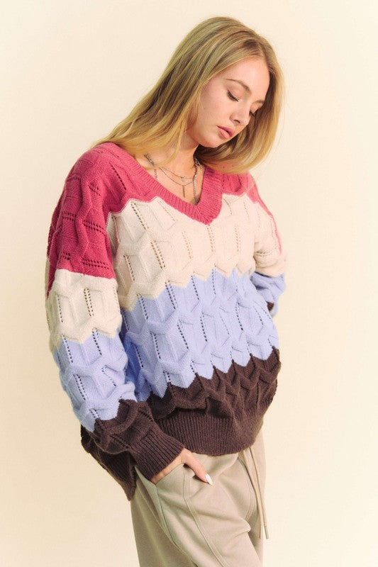 Davi & Dani Wavy Texture Color Block V-Neck Sweater - Teresa's Fashionista LLC