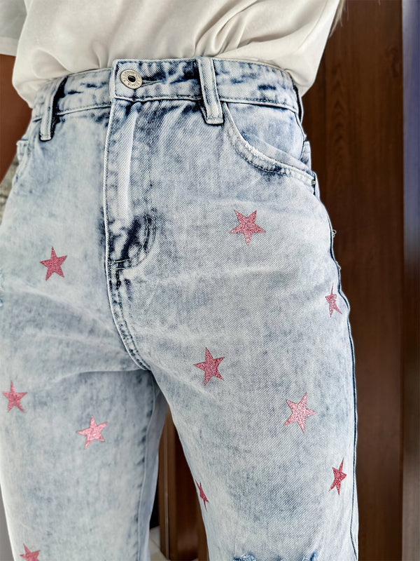 Distressed Star Straight Jeans with Pockets-Teresa's Fashionista LLC