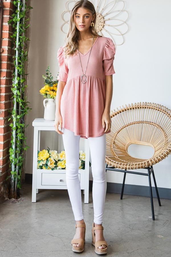 Heimish Full Size Waffle Knit V-Neck Babydoll Top-Teresa's Fashionista LLC