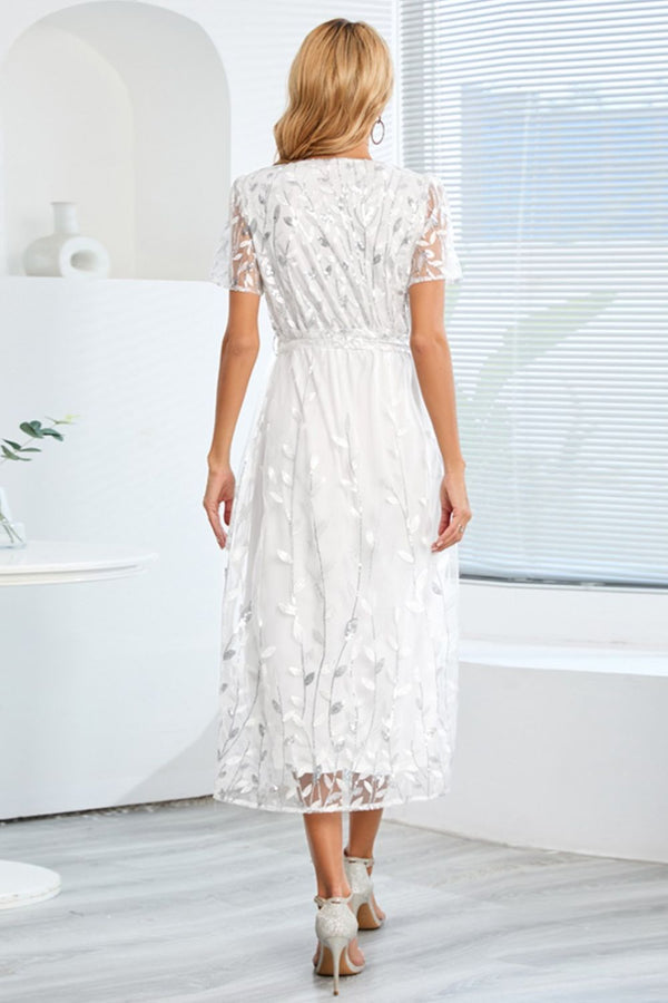 Sequin Leaf Embroidery Tie Front Short Sleeve Dress-Teresa's Fashionista LLC
