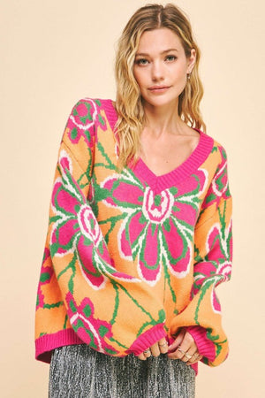 Davi & Dani Floral Contrast V-Neck Dropped Shoulder Sweater - Teresa's Fashionista LLC