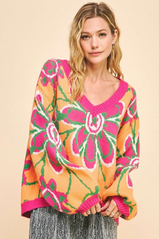 Davi & Dani Floral Contrast V-Neck Dropped Shoulder Sweater - Teresa's Fashionista LLC