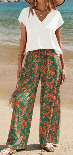 Women's Solid V-Neck Short Sleeve Top And Botanical Print Pants - Teresa's Fashionista LLC