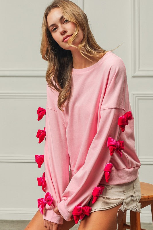 BiBi Velvet Ribbon Bows Long Sleeve Round Neck Sweatshirt - Teresa's Fashionista LLC