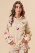 BiBi Ruffled Crochet Flower Dropped Shoulder Sweater - Teresa's Fashionista LLC