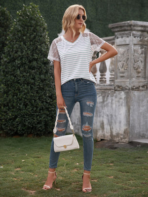 Lace Detail Striped V-Neck T-Shirt-Teresa's Fashionista LLC