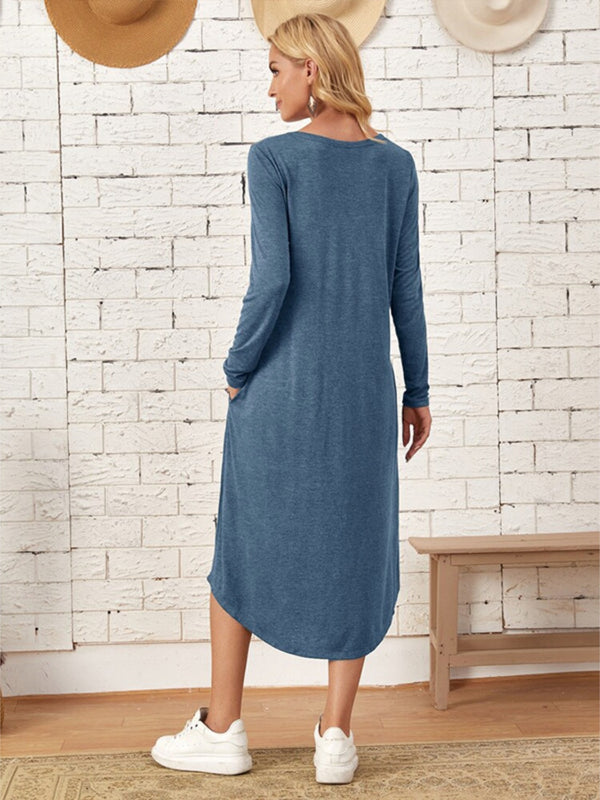 Pocketed Round Neck Long Sleeve Tee Dress-Teresa's Fashionista LLC