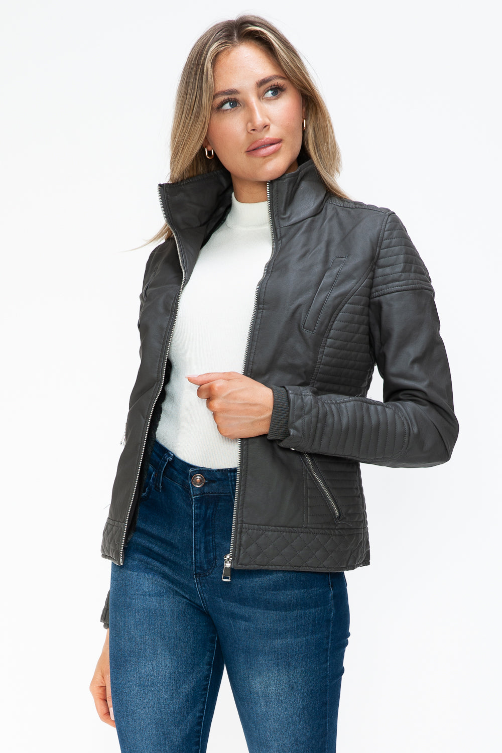 YMI Faux Layered Double-Zipper Jacket with Fuzzy Hood - Teresa's Fashionista LLC