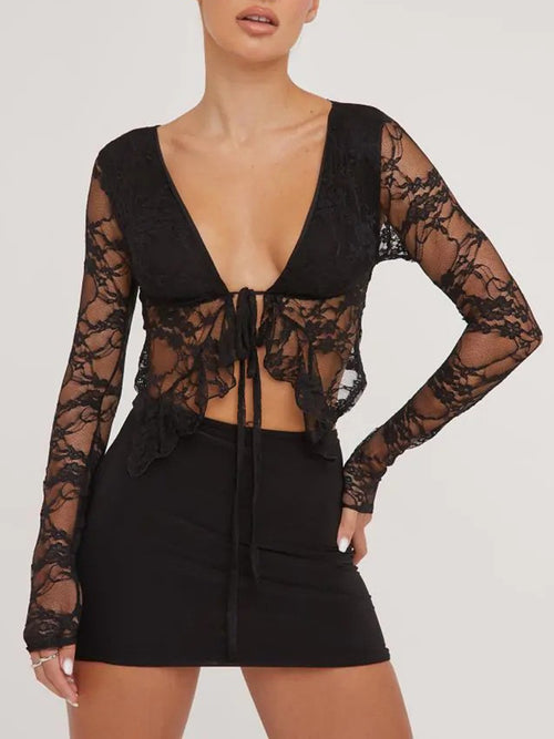 Tied Plunge Long Sleeve Lace Cropped Shirt - Teresa's Fashionista LLC