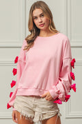 BiBi Velvet Ribbon Bows Long Sleeve Round Neck Sweatshirt - Teresa's Fashionista LLC