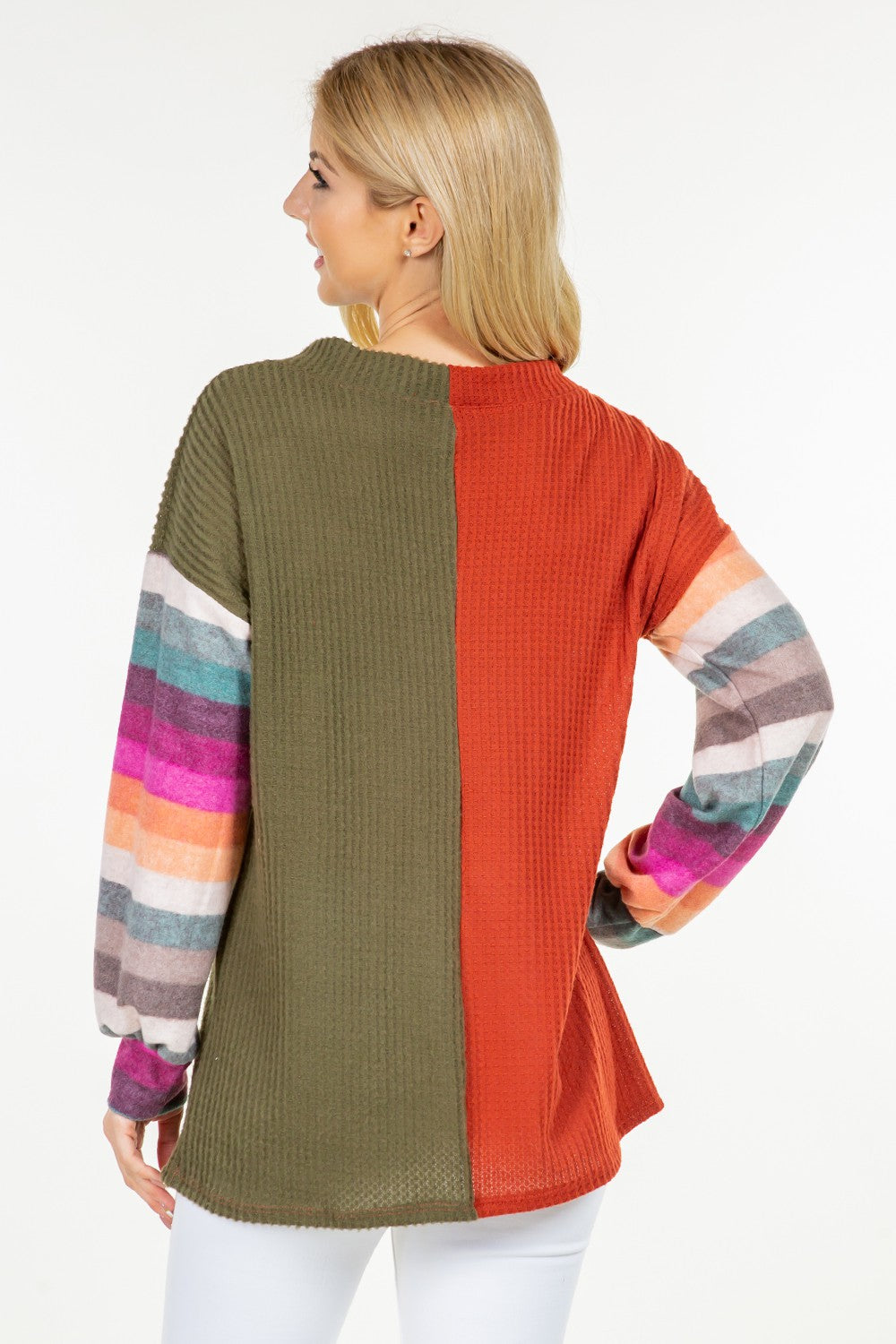 Celeste Full Size Contrast Striped V-Neck Long Sleeve Blouse - Teresa's Fashionista LLC
