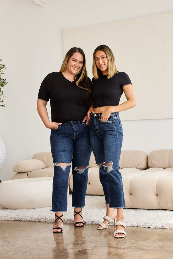 RFM Crop Dylan Full Size Tummy Control Distressed High Waist Raw Hem Jeans-Teresa's Fashionista LLC