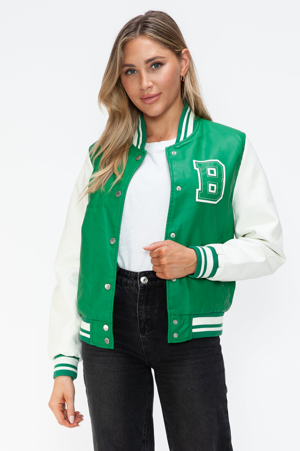 Love Me Now PU Leather Contrast Snap Down Bomber Jacket - Teresa's Fashionista LLC