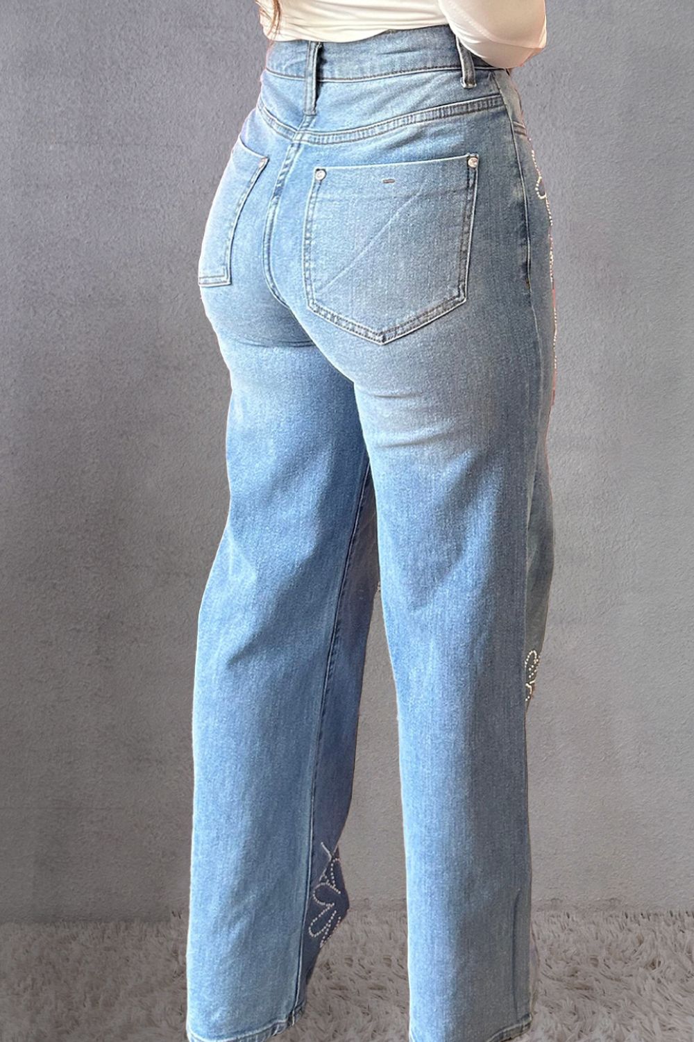 Rhinestone Straight Jeans with Pockets-Teresa's Fashionista LLC