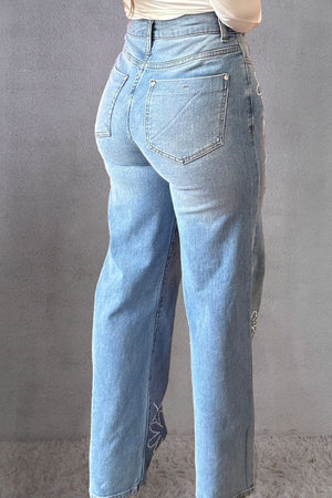 Rhinestone Straight Jeans with Pockets-Teresa's Fashionista LLC