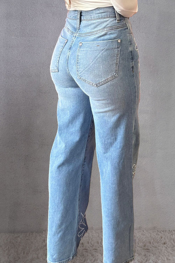 Rhinestone Straight Jeans with Pockets-Teresa's Fashionista LLC