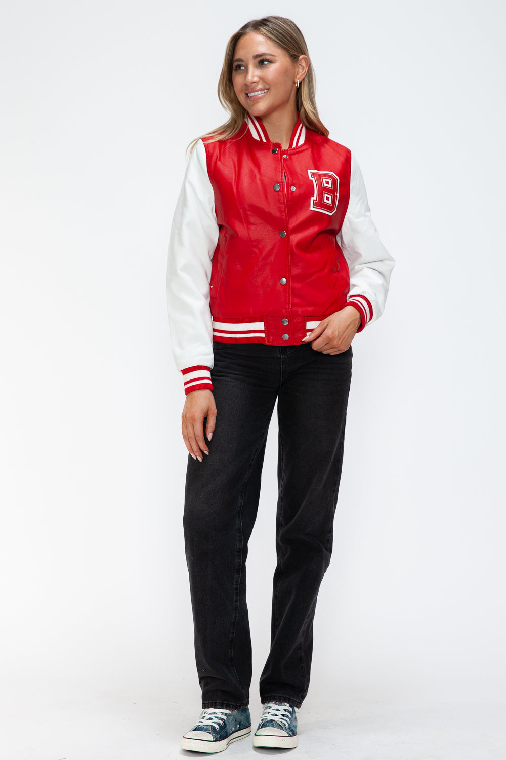 Love Me Now PU Leather Contrast Snap Down Bomber Jacket - Teresa's Fashionista LLC