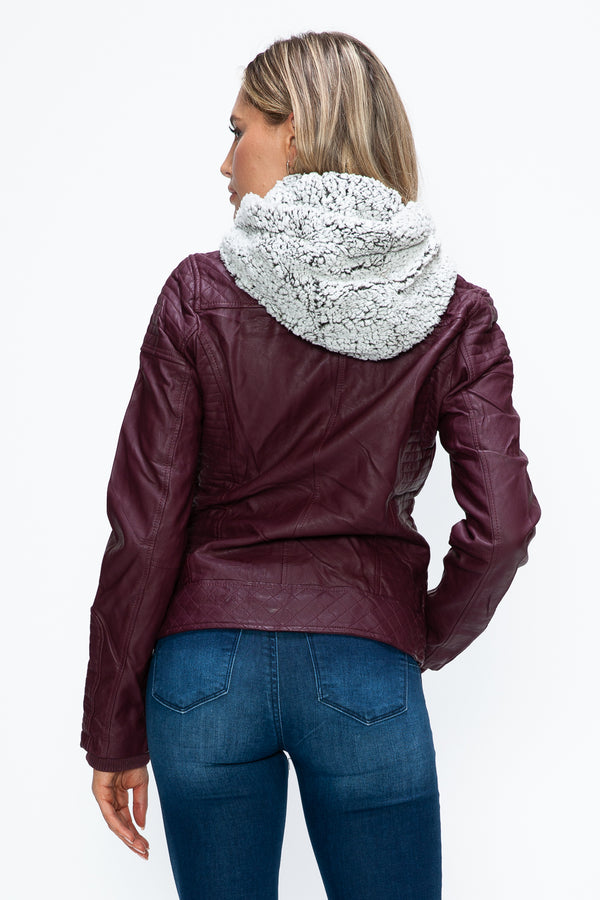 YMI Faux Layered Double-Zipper Jacket with Fuzzy Hood - Teresa's Fashionista LLC