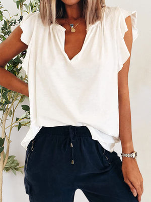 Ruffled Notched Cap Sleeve T-Shirt-Teresa's Fashionista LLC