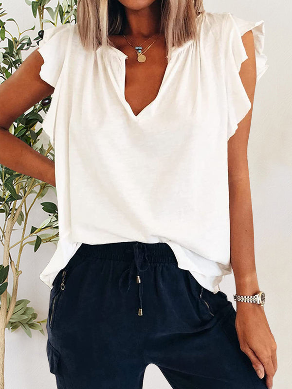 Ruffled Notched Cap Sleeve T-Shirt-Teresa's Fashionista LLC