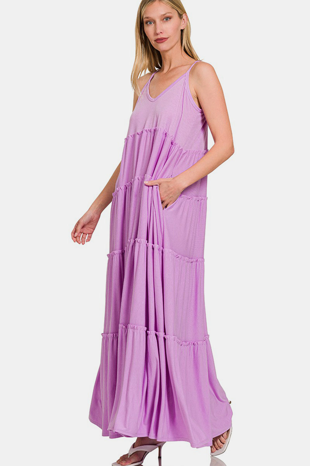 Zenana Frill Tiered V-Neck Maxi Cami Dress-Teresa's Fashionista LLC