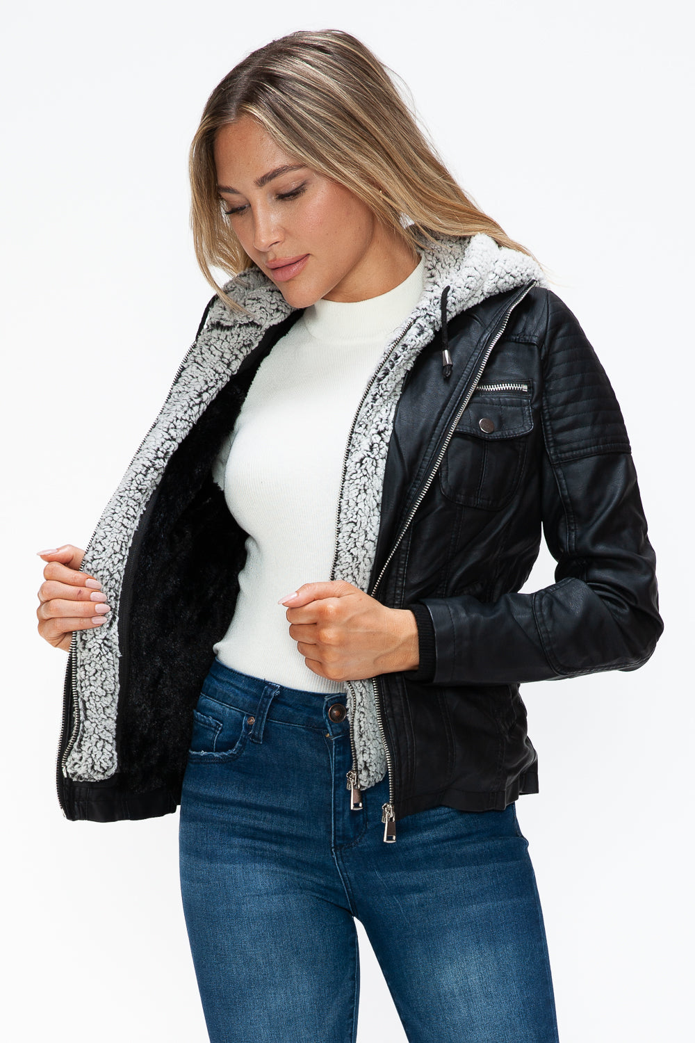 YMI Removable Faux Layered Multi-Pocket Jacket with Fuzzy Hood - Teresa's Fashionista LLC