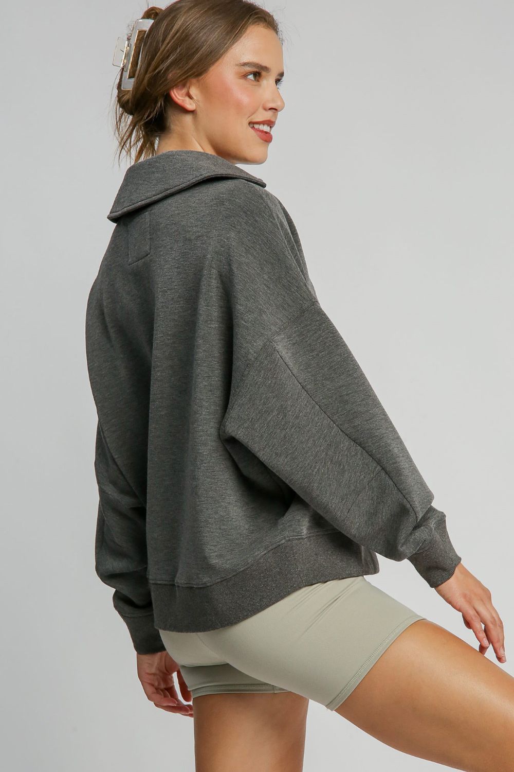 Umgee Johnny Collar Dropped Shoulder Sweatshirt - Teresa's Fashionista LLC